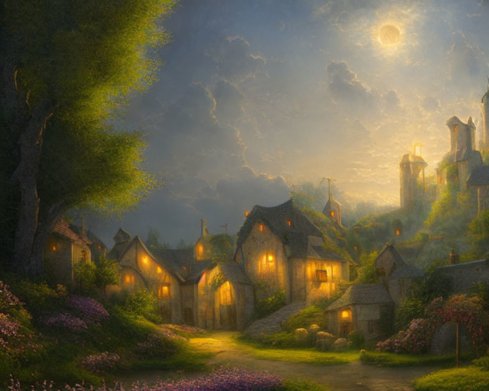 Twilight village scene with glowing windows and moonlit sky