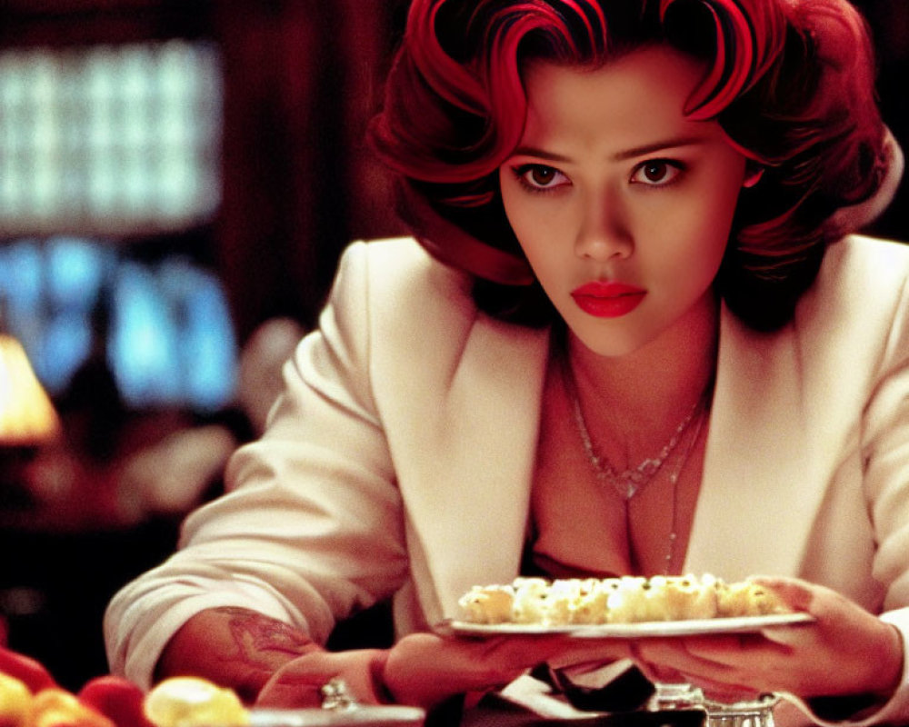 Red-haired woman sitting at table with food in dimly lit room