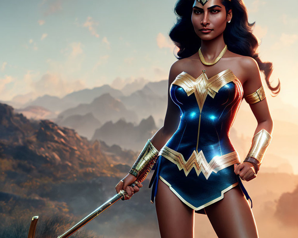 Digital Artwork: Wonder Woman with Golden Tiara and Sword in Heroic Pose at Sunrise