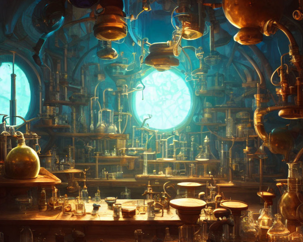 Alchemist's lab with glassware, flasks, beakers, and illuminated sphere