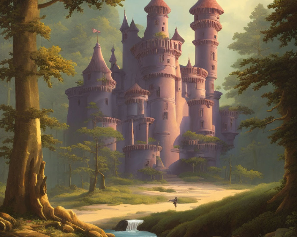 Majestic castle with spires in tranquil forest under warm sunlight