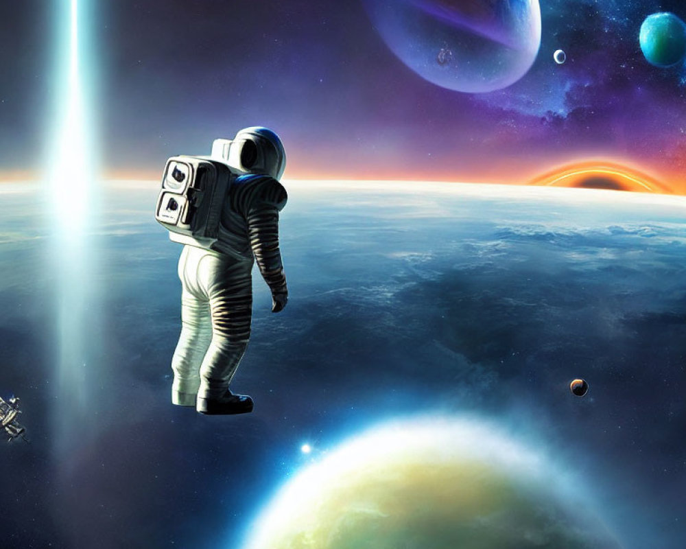 Astronaut with jetpack in space above Earth-like planets and colorful cosmic scenery.