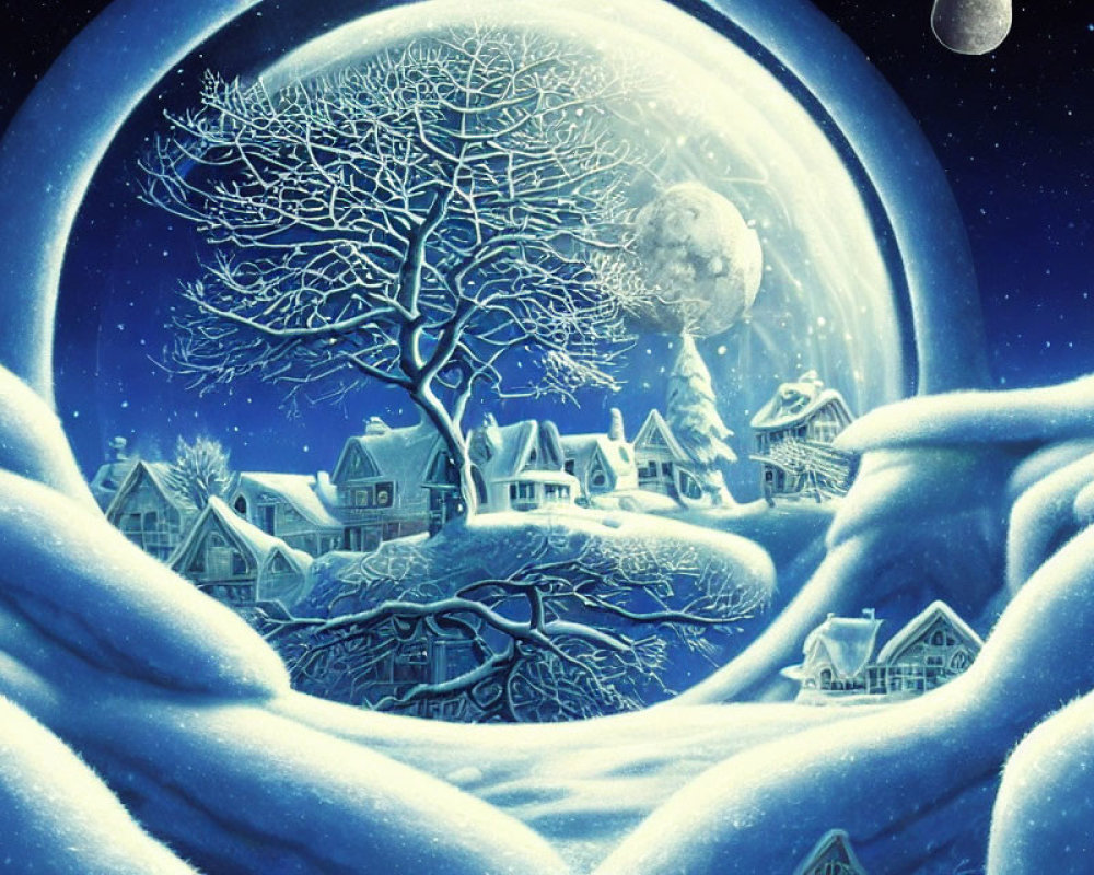 Snow-covered village and leafless tree under full moon