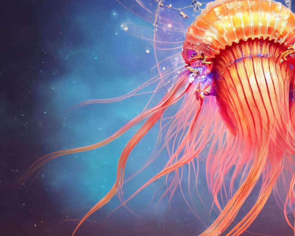 Vibrant orange jellyfish in cosmic star-filled background