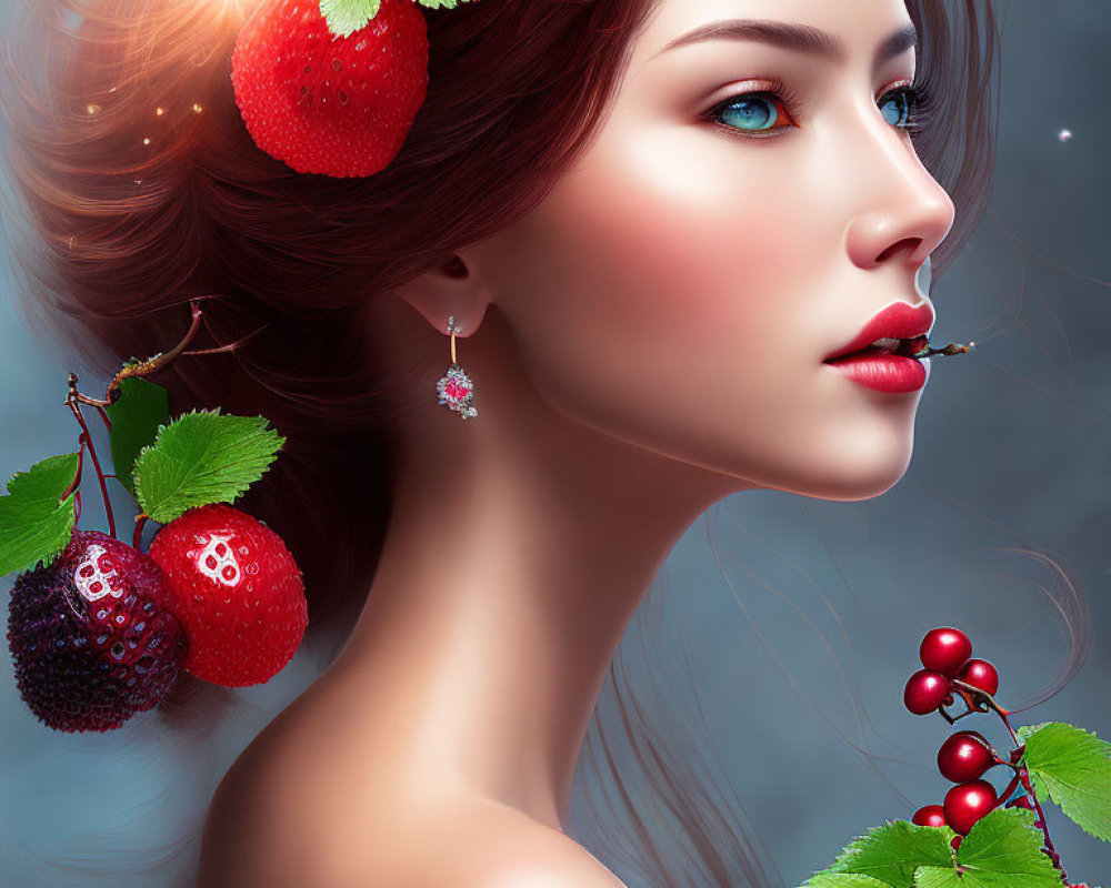 Digital art portrait of woman with berry-themed accessories, radiant skin, and blue eyes on blue background