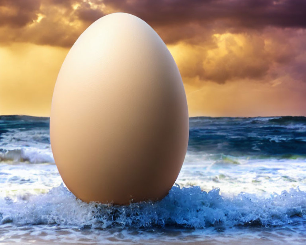 Large Egg on Beach with Sunset Sky and Waves