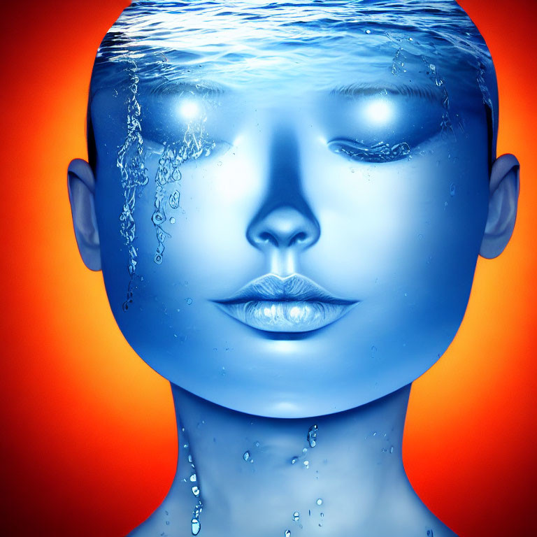 Face partially submerged in water with bubbles on orange backdrop