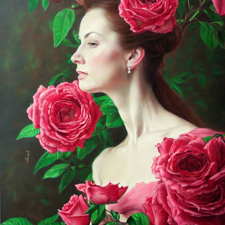 Woman with Red Roses in Hair and Dress, Detailed Portrait in Realistic Style