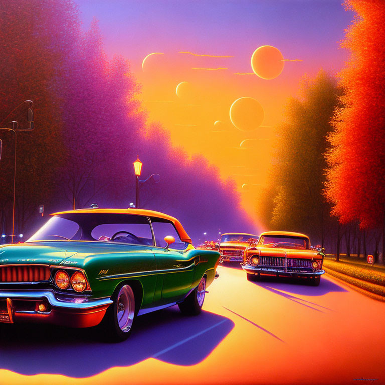 Vibrant street scene with classic cars under surreal orange sky