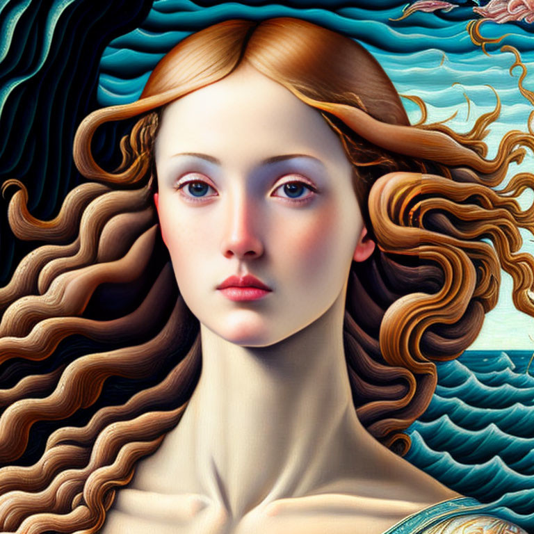 Detailed surreal portrait of woman with flowing hair blending into waves