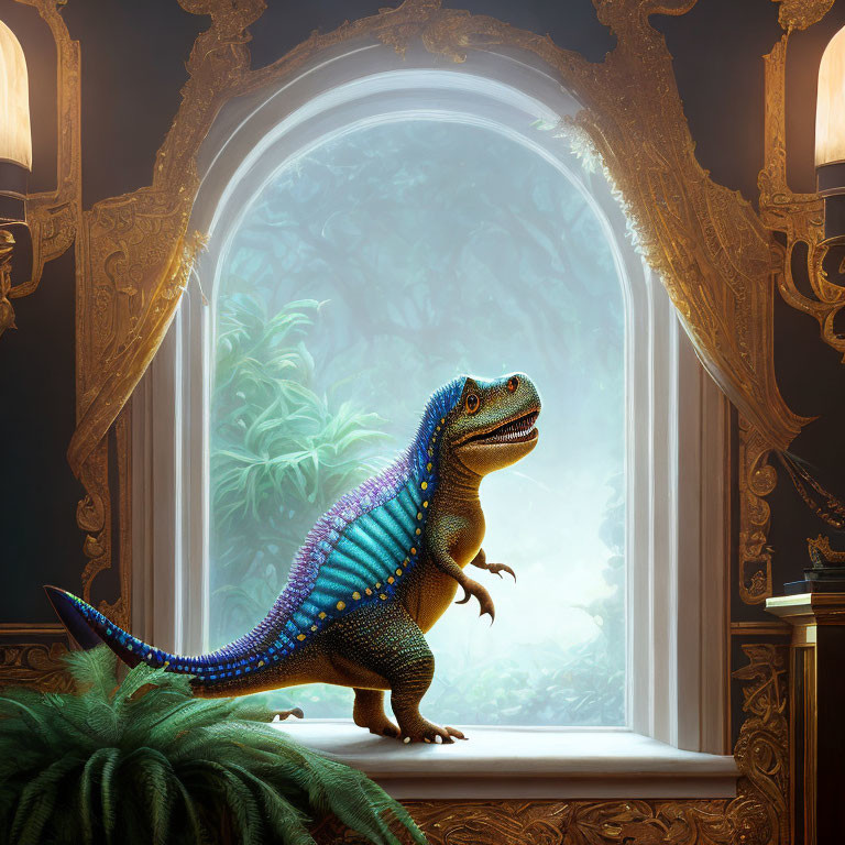 Colorful dinosaur with blue spines in ornate golden arches window overlooking forest