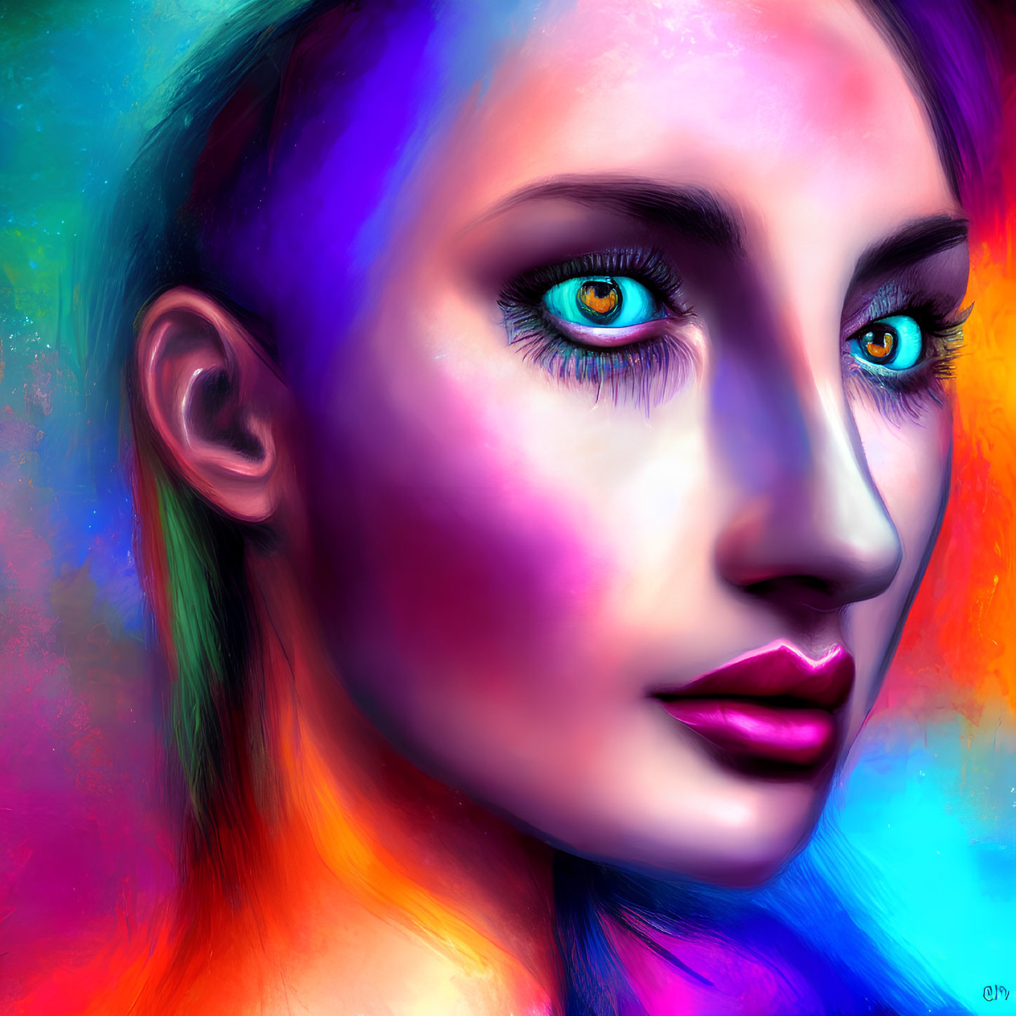 Colorful digital portrait of a woman with blue eyes and vibrant skin tones