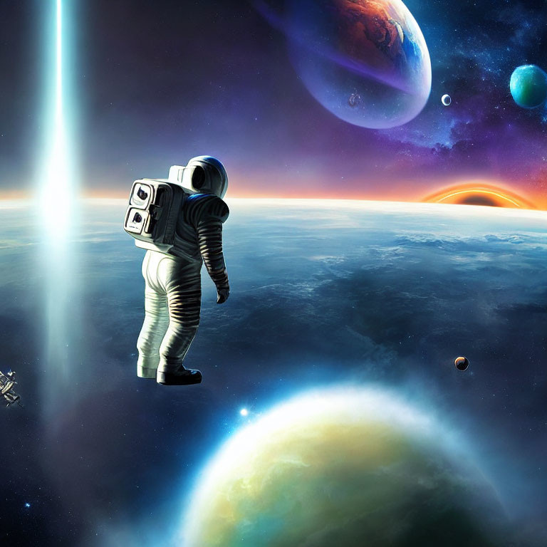 Astronaut with jetpack in space above Earth-like planets and colorful cosmic scenery.