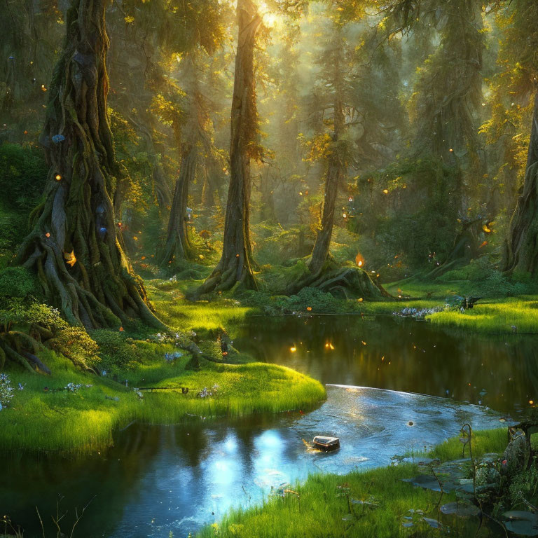 Moss-covered trees, serene pond, fireflies: Enchanting forest scene.