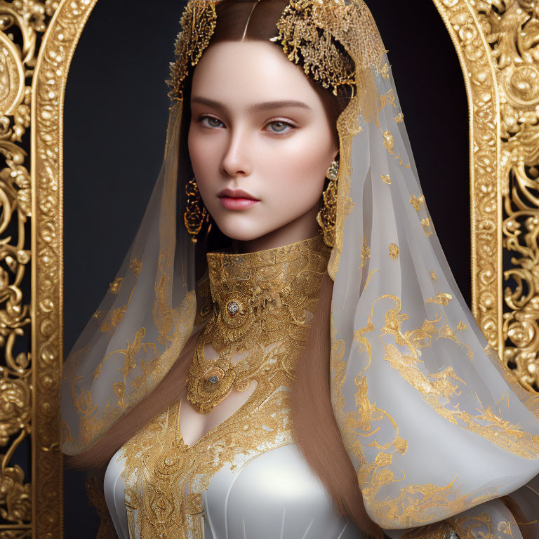 Regal woman in golden headdress and embroidered attire before ornate mirror