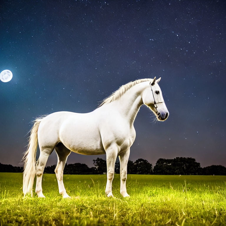 Majestic white horse under starry night sky on green grass