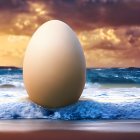 Large Egg on Beach with Sunset Sky and Waves