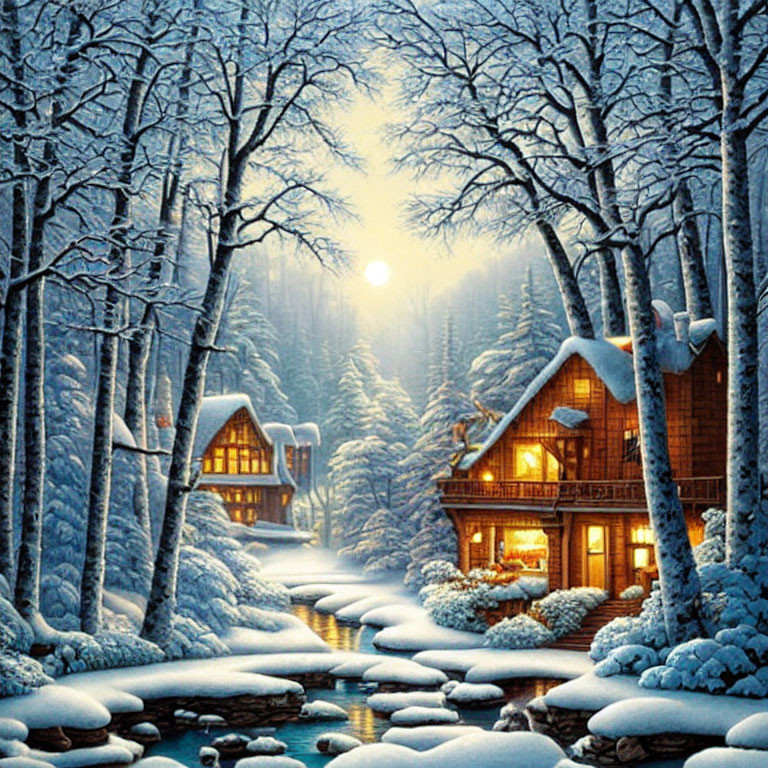 Winter Scene: Cozy Houses in Snowy Forest by Tranquil Stream