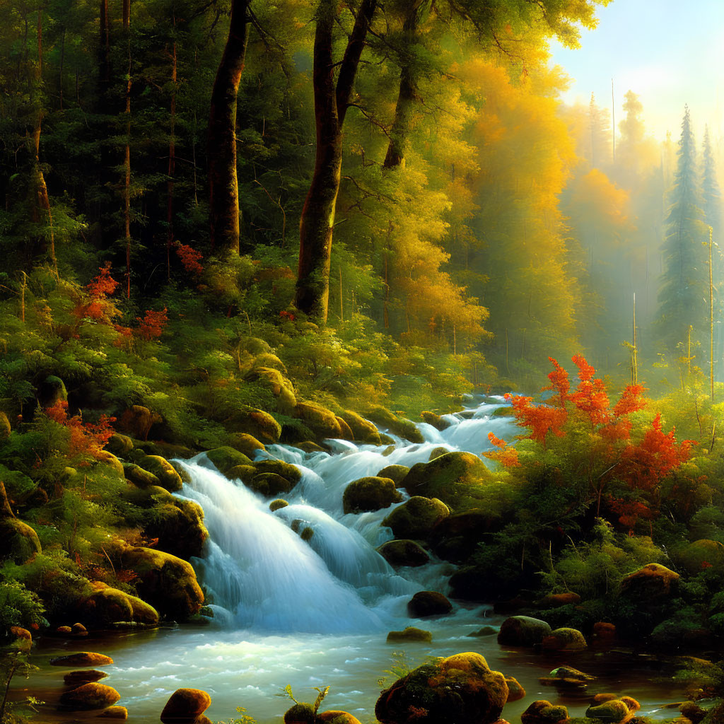 Tranquil forest waterfall with moss-covered rocks and autumn trees