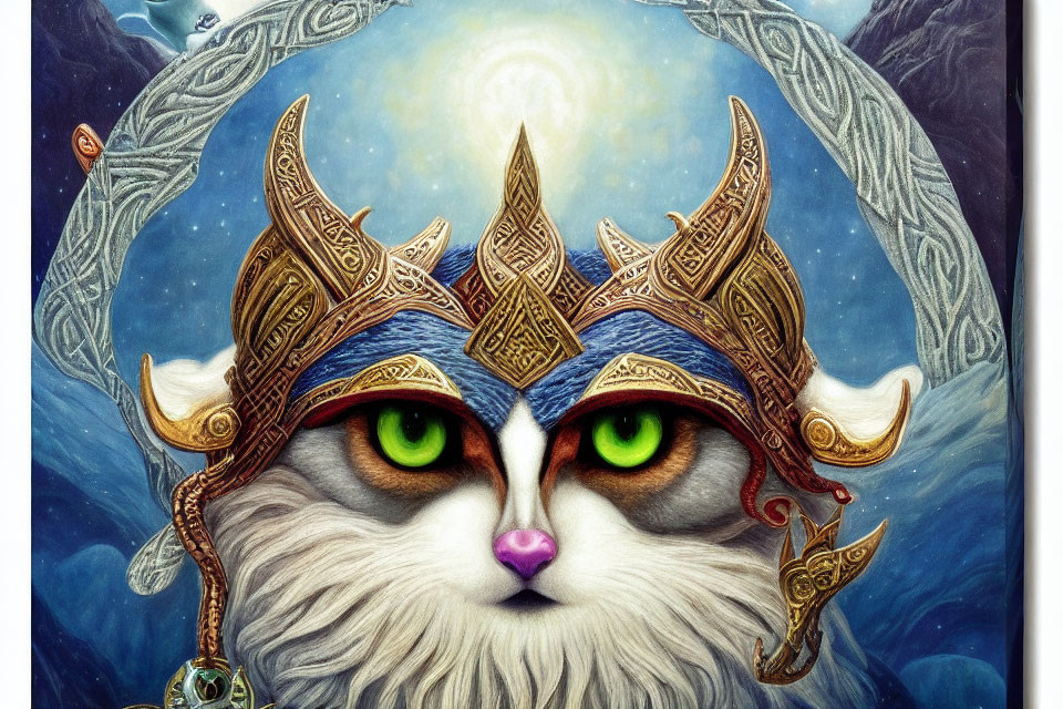 Cat with Green Eyes in Fantasy Helmet on Mystical Background