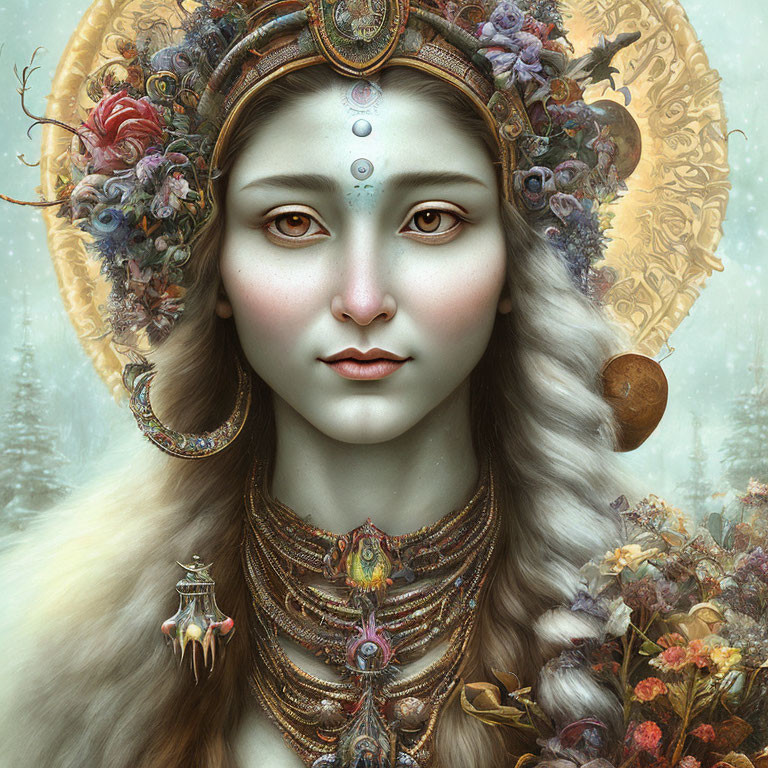 Fantasy portrait of woman with ornate halo, detailed jewelry, serene expression, floral motif in snowy