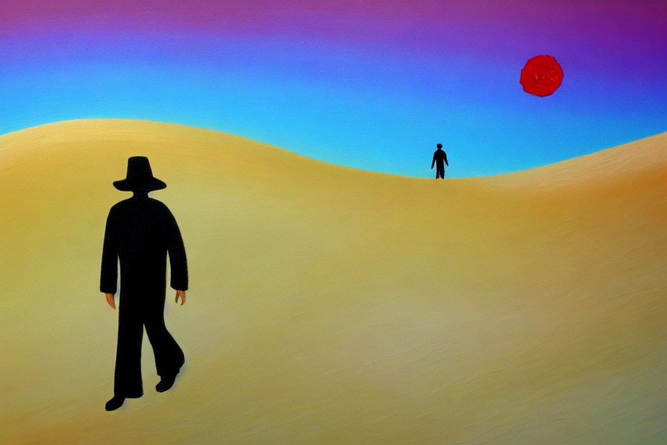 Stylized painting of silhouetted figures in desert landscape under red sun/moon