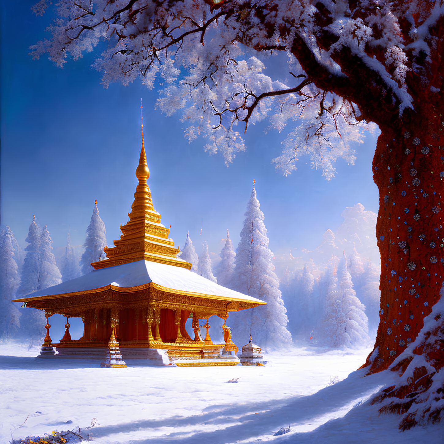 Golden Pagoda in Snowy Landscape with Frost-Covered Trees