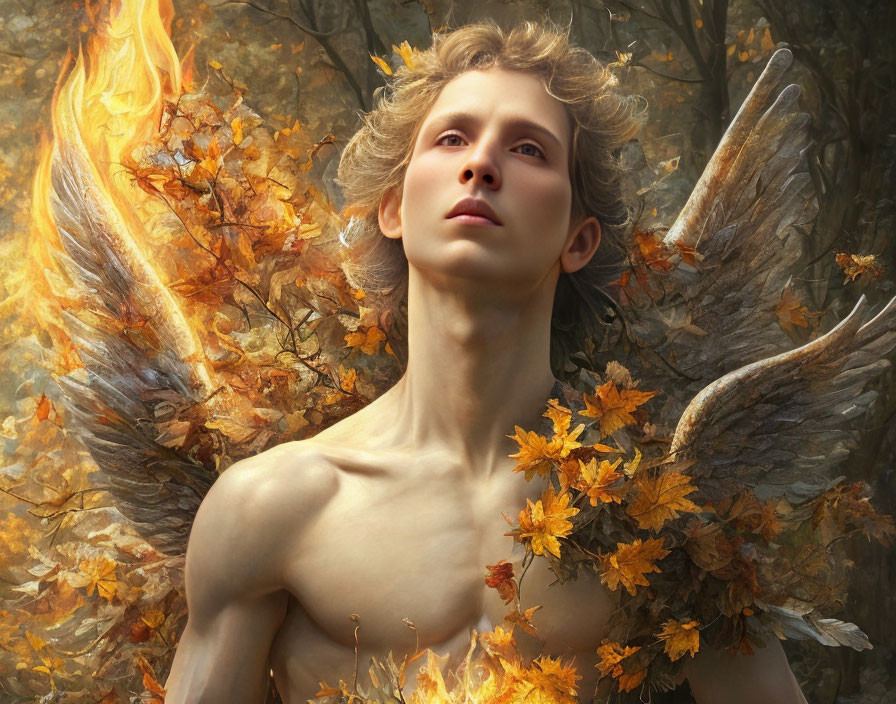 Fantastical being with fiery autumn leaves wings in woodland scene