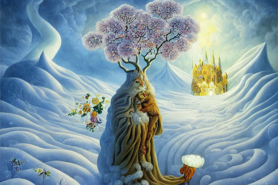 Elderly wizard with lion body under cherry blossom tree in snowy landscape