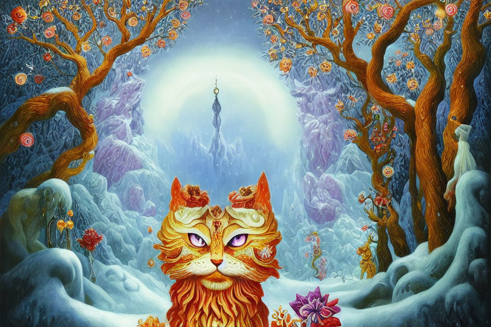 Majestic large orange cat in mystical forest setting