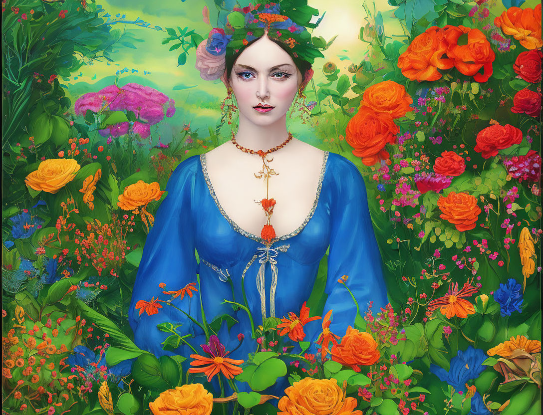 Colorful digital painting of woman in floral dress in vibrant garden