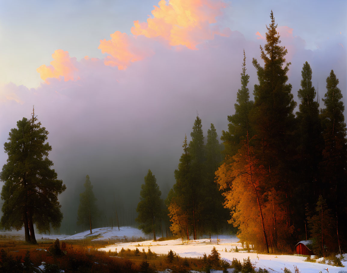 Snowy Landscape with Tall Trees, Red Cabin, and Twilight Sky