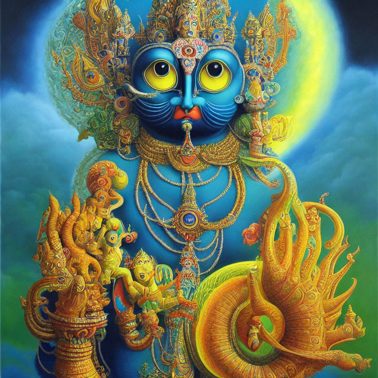 Detailed depiction of Lord Krishna with peacock feather crown and divine symbols