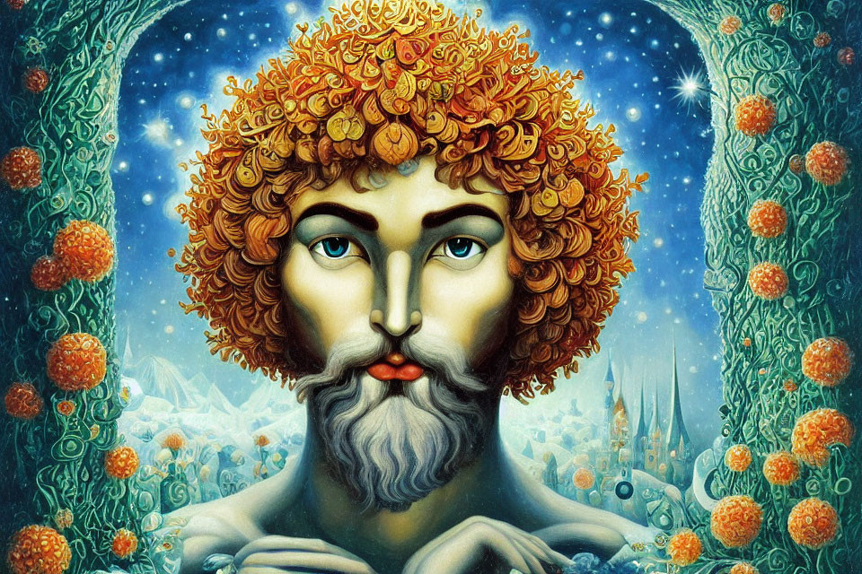 Fantastical Artwork: Tree-like Beard, Fiery Hair, Enchanted Forest & Star