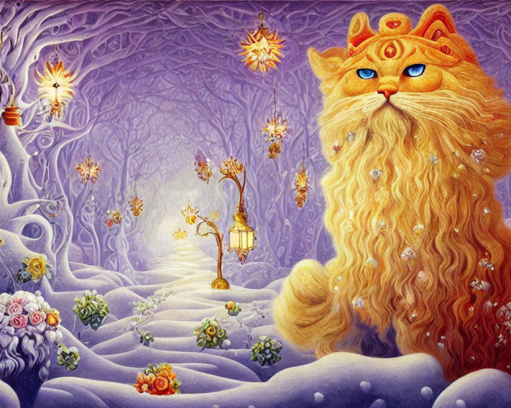 Colorful painting: Large orange cat in fantasy forest with lanterns, flowers, and glowing star