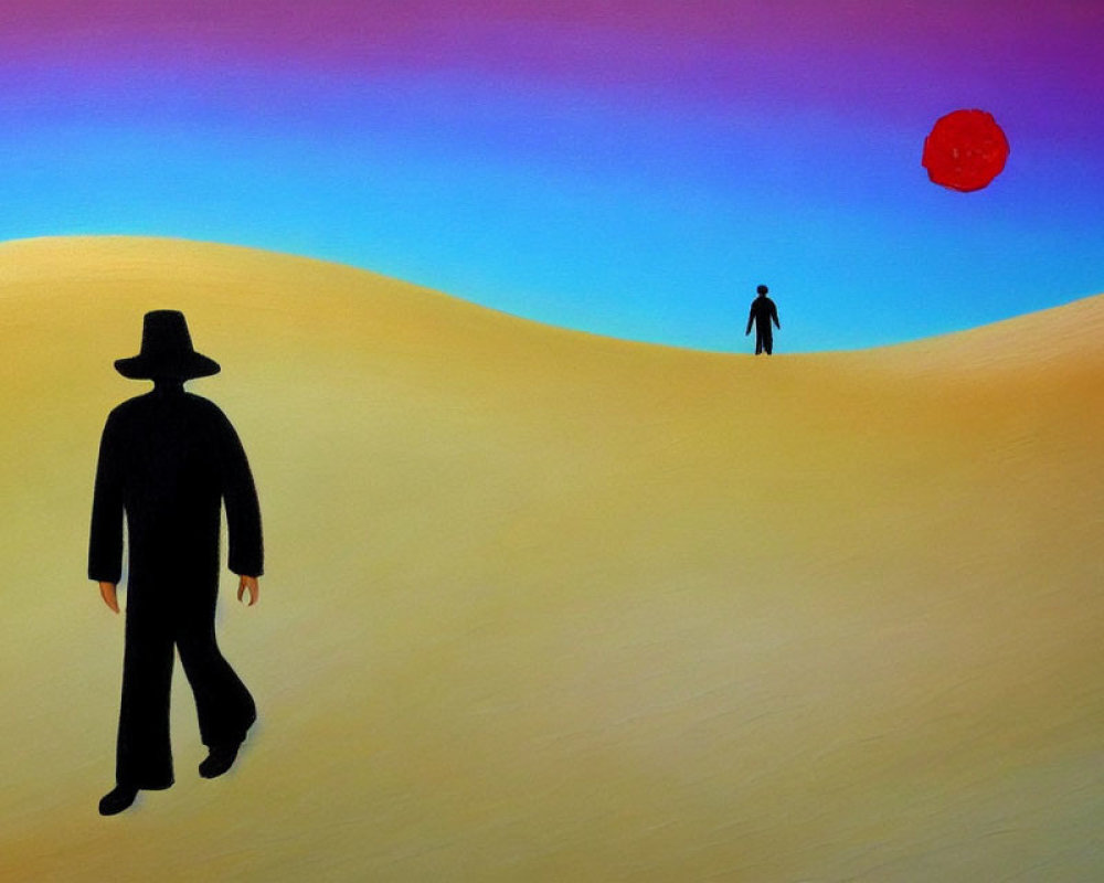 Stylized painting of silhouetted figures in desert landscape under red sun/moon