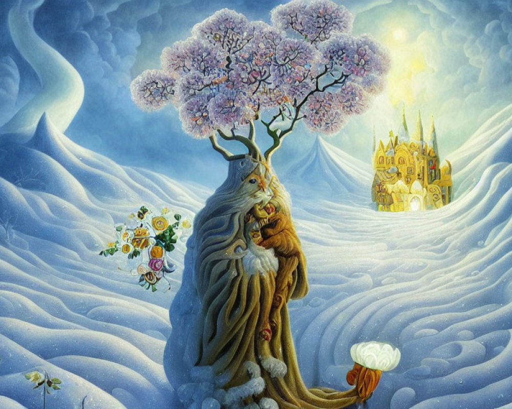 Elderly wizard with lion body under cherry blossom tree in snowy landscape