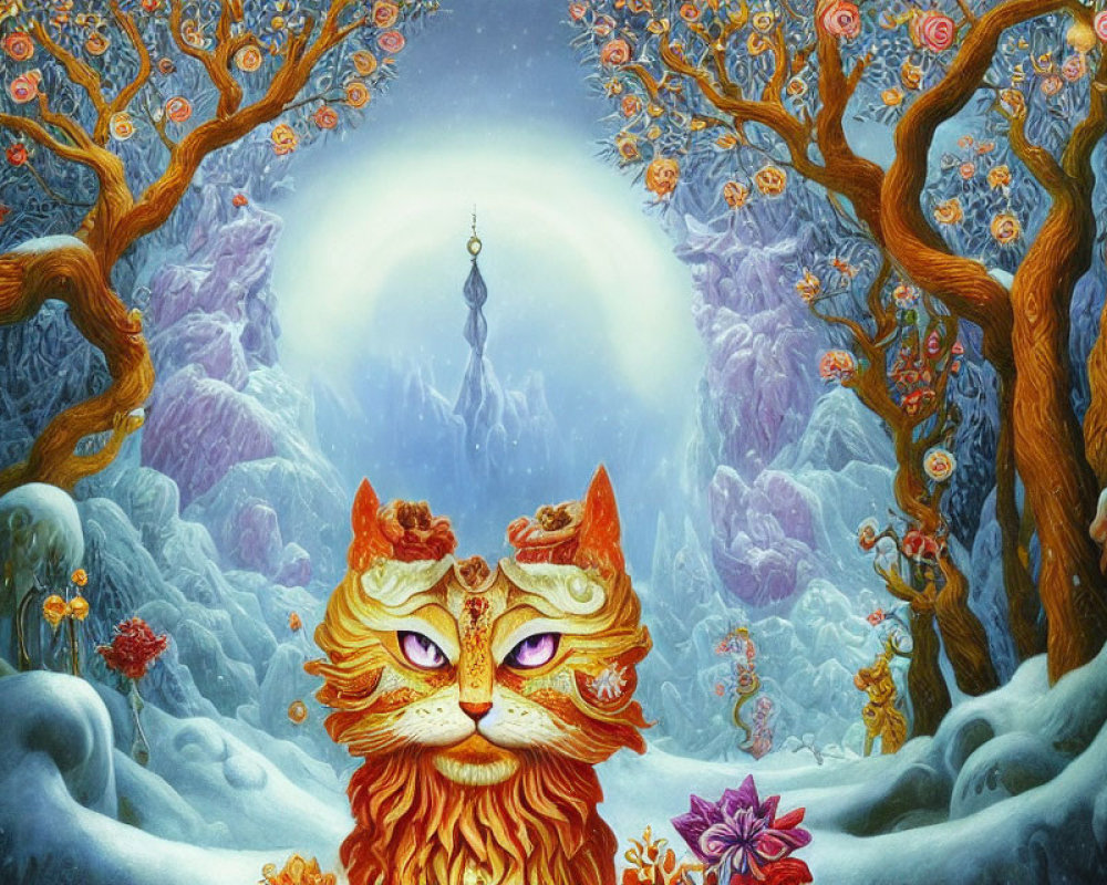 Majestic large orange cat in mystical forest setting