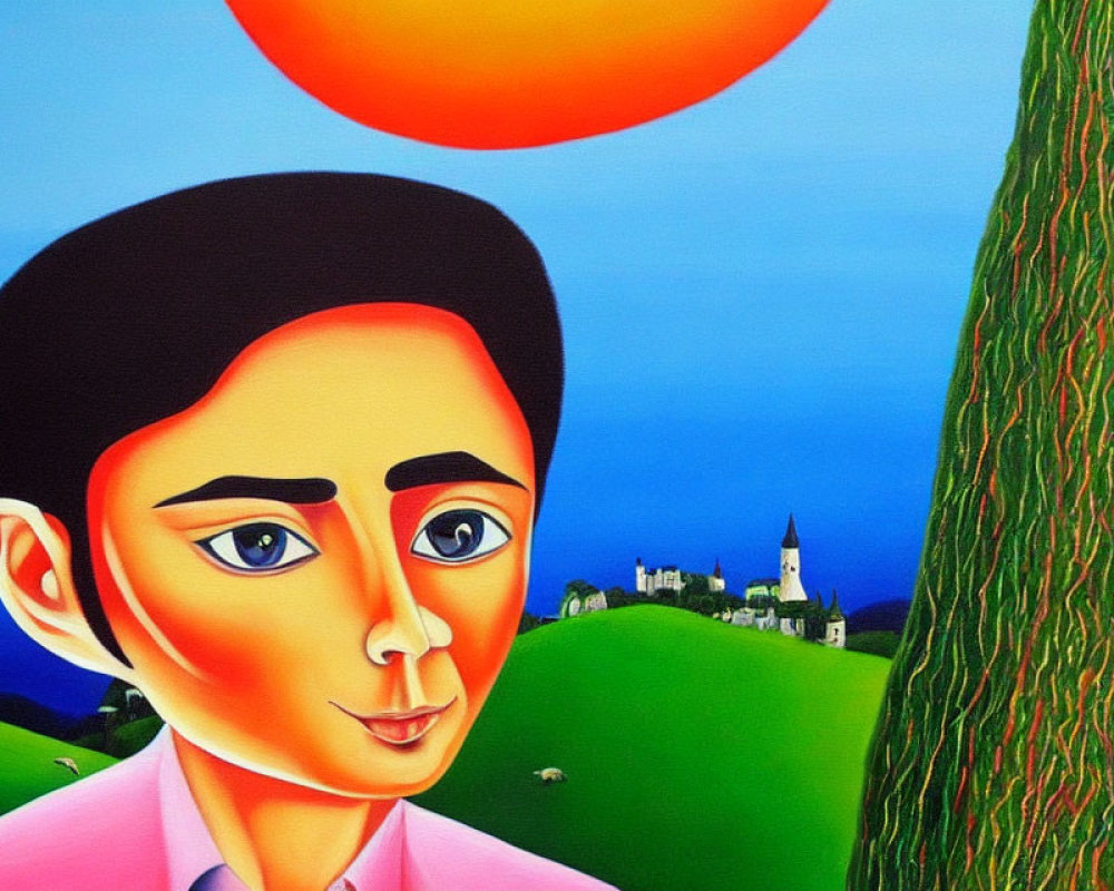 Colorful painting of stylized figure with large eye and landscape background.