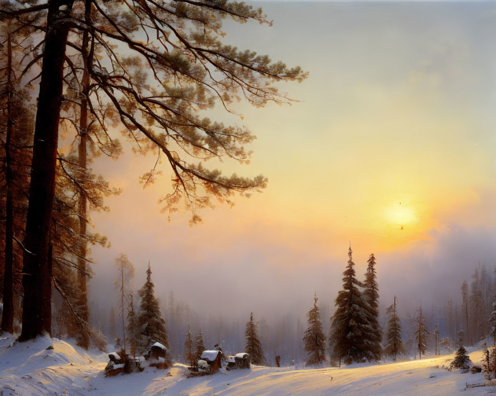 Snow-covered trees in serene winter sunset landscape