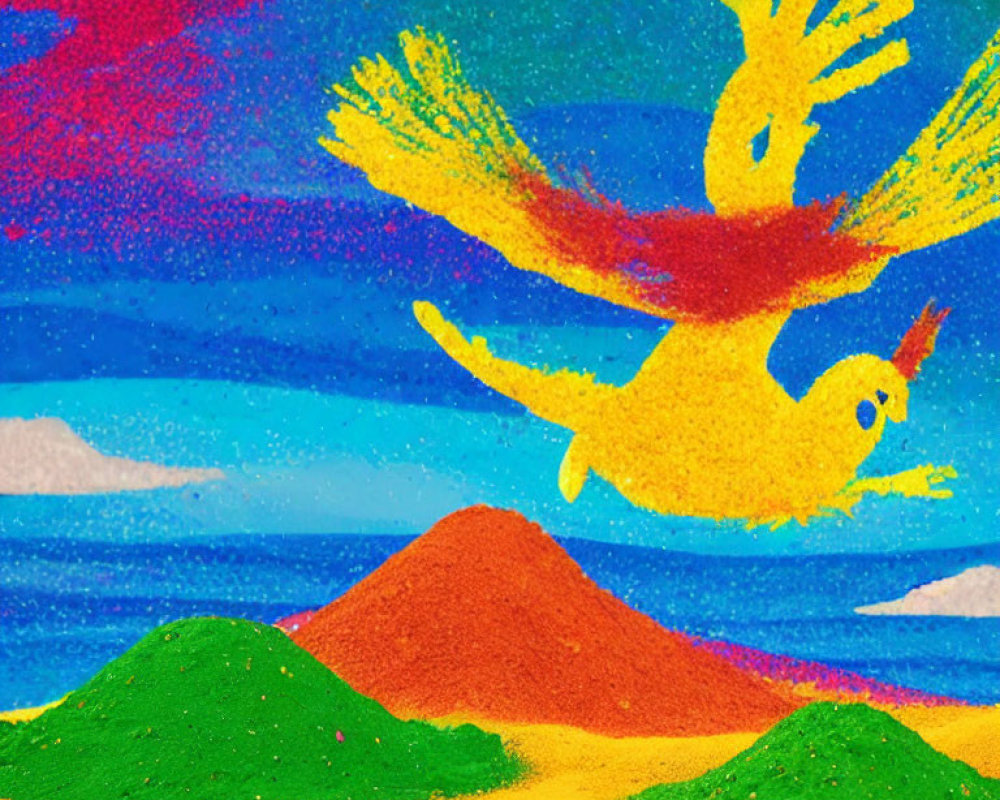 Colorful Bird Sand Art: Vibrant depiction of bird in flight against sky, sea, and textured