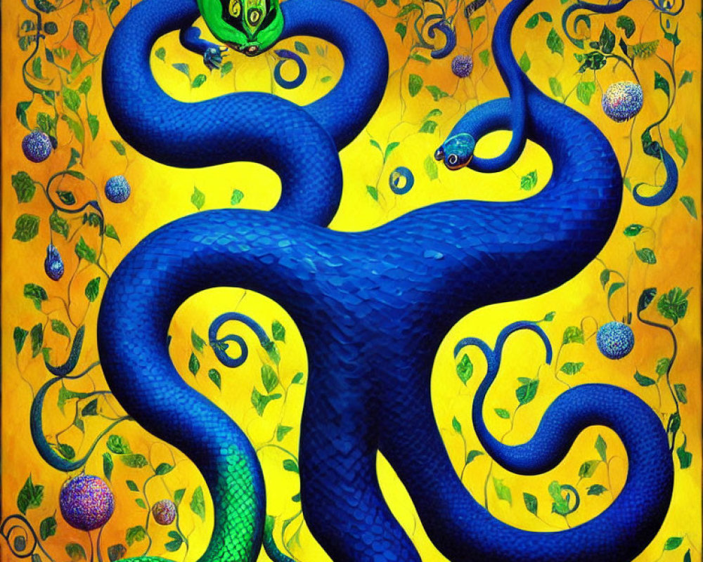 Colorful Serpent Illustration on Golden Background with Intricate Patterns and Fruits