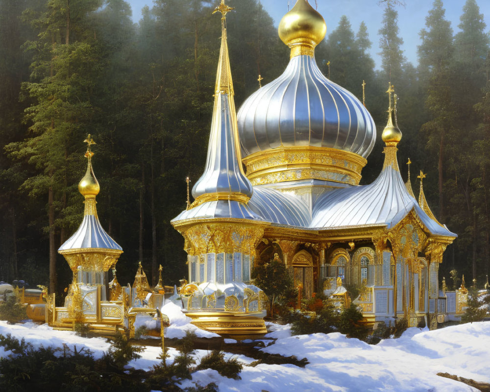 Golden-domed church in snowy forest with sunlight filtering through trees