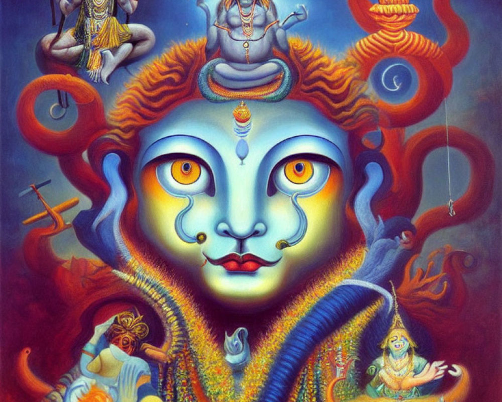 Colorful Painting of Hindu Deities with Shiva at Center