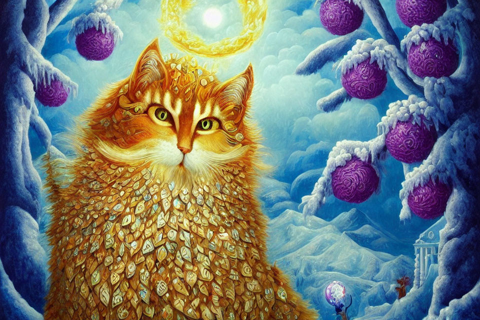 Golden halo cat in surreal landscape with purple clouds and luminescent moon