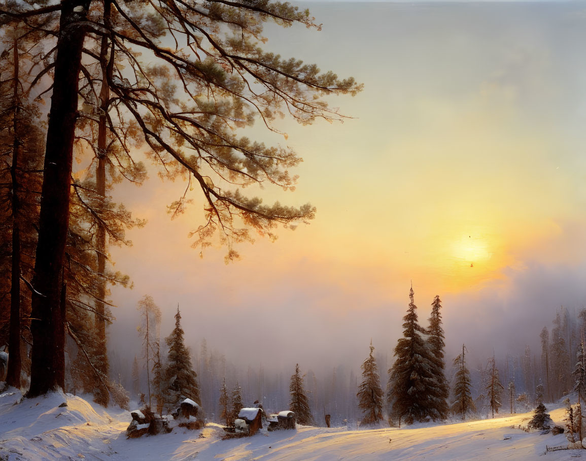 Snow-covered trees in serene winter sunset landscape