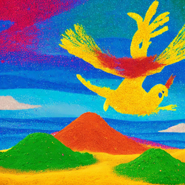 Colorful Bird Sand Art: Vibrant depiction of bird in flight against sky, sea, and textured