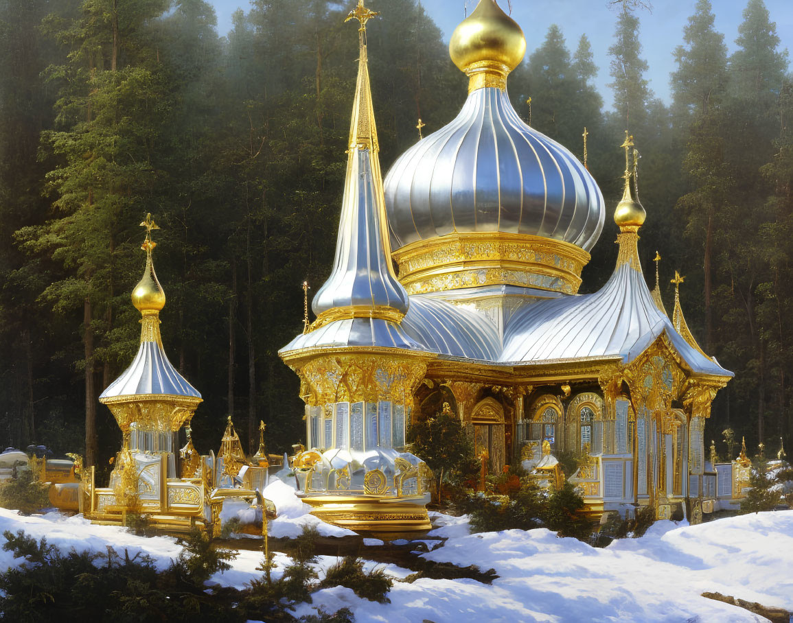 Golden-domed church in snowy forest with sunlight filtering through trees