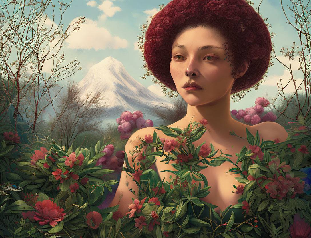 Woman portrait merges with floral motif against mountain backdrop