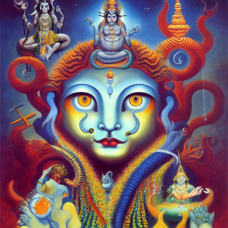 Colorful Painting of Hindu Deities with Shiva at Center